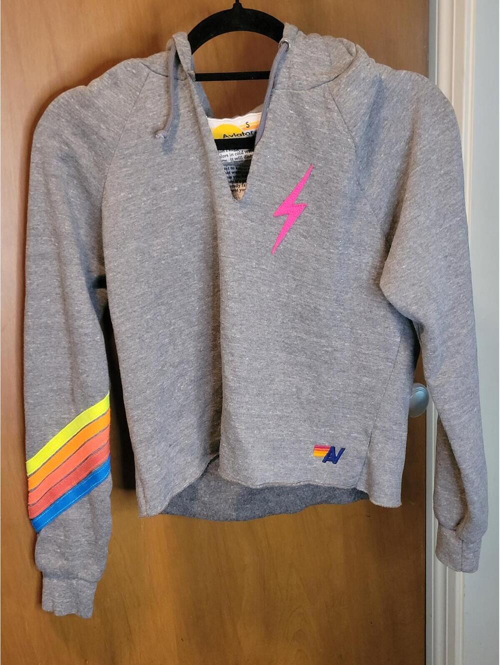 Aviator Nation Grey Cropped Distressed Stripes Bolt Hoodie Size Small EUC
